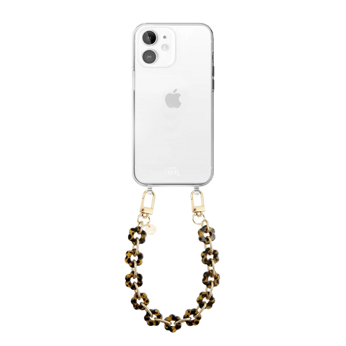 Transparant iPhone 11 hoesje met kort luipaardprint bloemenkoord en gouden haken.