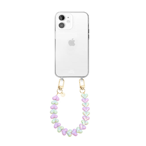 xoxo Wildhearts iPhone 12 - Funky Hearts (Purple & Green Metallic) Transparant Cord Case