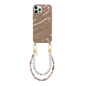iPhone 12 Pro Max Glaze Cord Case in Soft Taupe with pearl and stone bead wristlets.