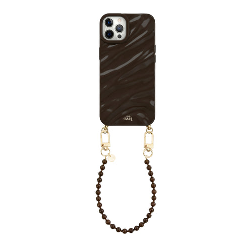 Brown Glaze Cord Case for iPhone 12 Pro with a short "Brown Sugar" beaded wrist strap and gold hardware.