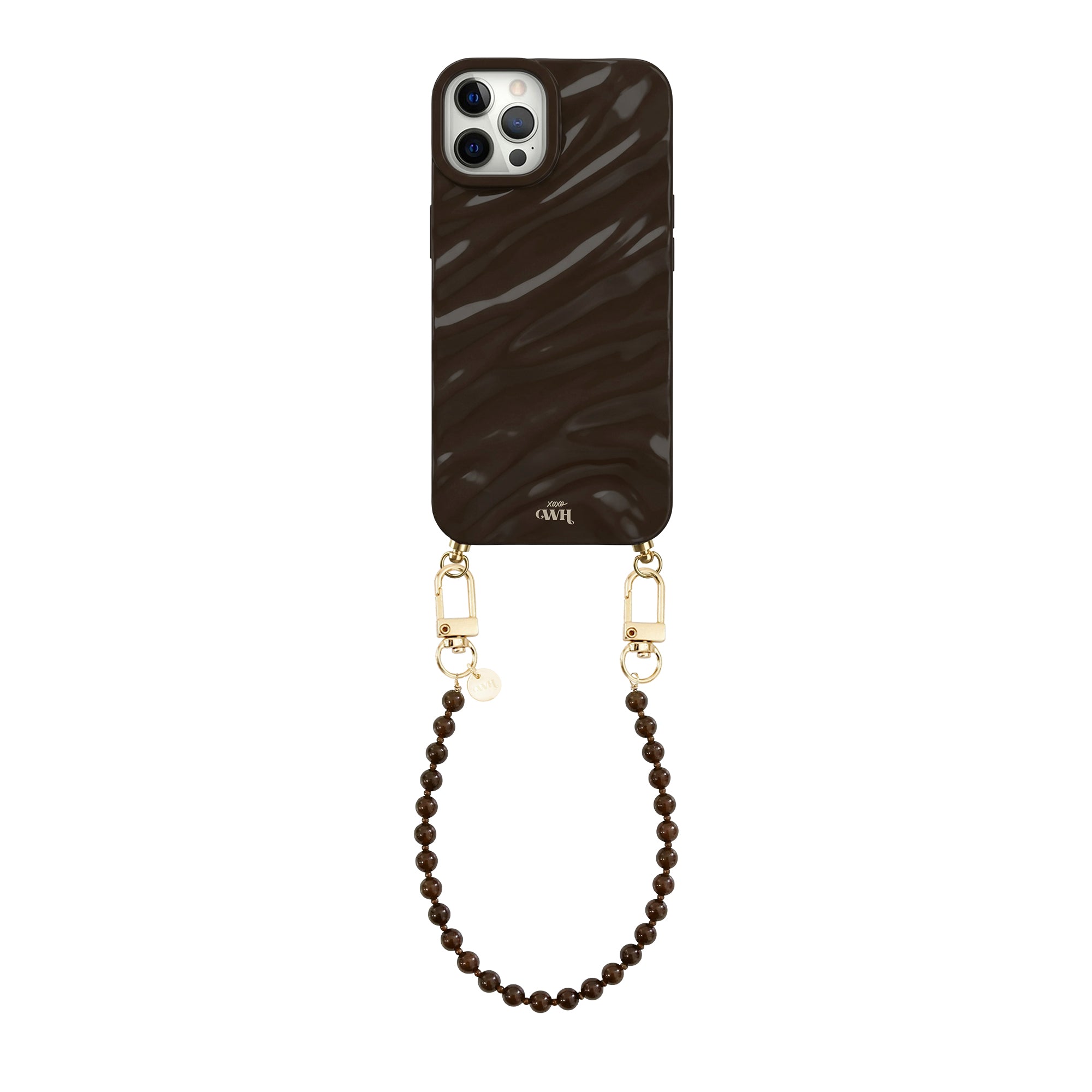 Brown Glaze Cord Case for iPhone 12 Pro with a short "Brown Sugar" beaded wrist strap and gold hardware.