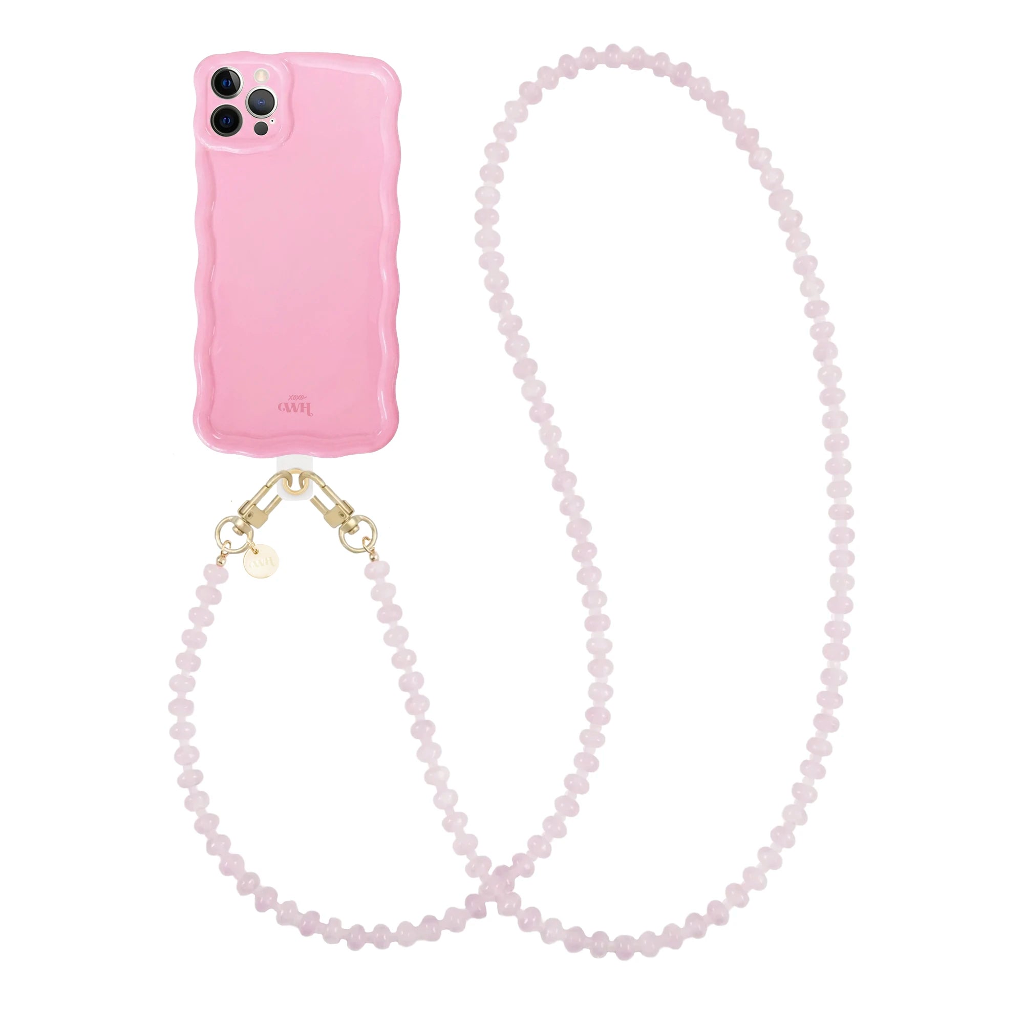 Glossy wavy dusty pink iPhone 12 Pro case with a long, beaded dusty pink cord and gold hardware.