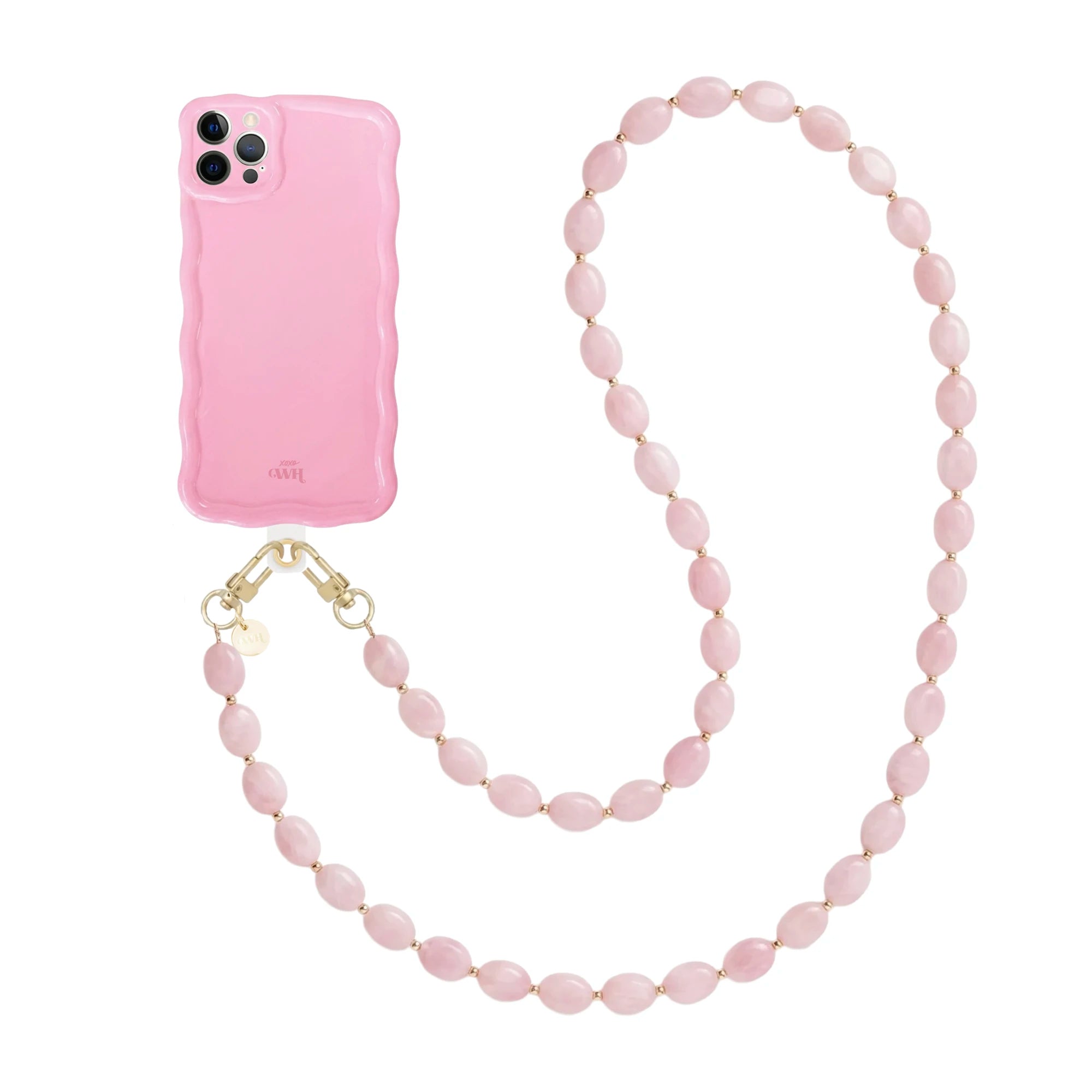 Glossy Wavy Case Bubble Blush iPhone 12 Pro met een lichtroze golvend hoesje en een lang Ocean koord van roze ovale kralen.