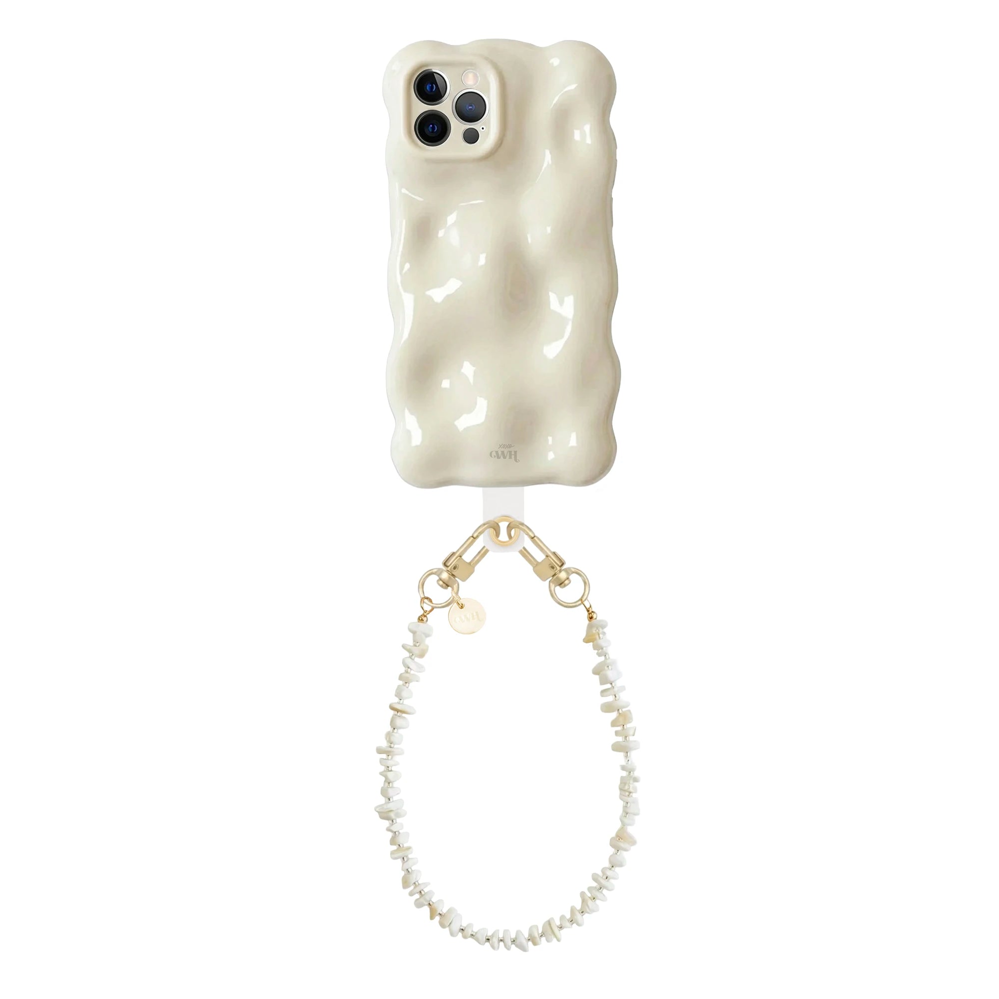 Crèmekleurige iPhone 12 Pro Bubbly case met golvende vorm en kort Summer Sand koord van schelpjes.