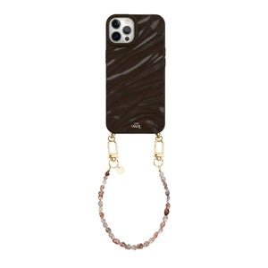 Brown Glaze iPhone 12 Pro Max case with a wavy texture and a short Soft Taupe beaded wrist cord.