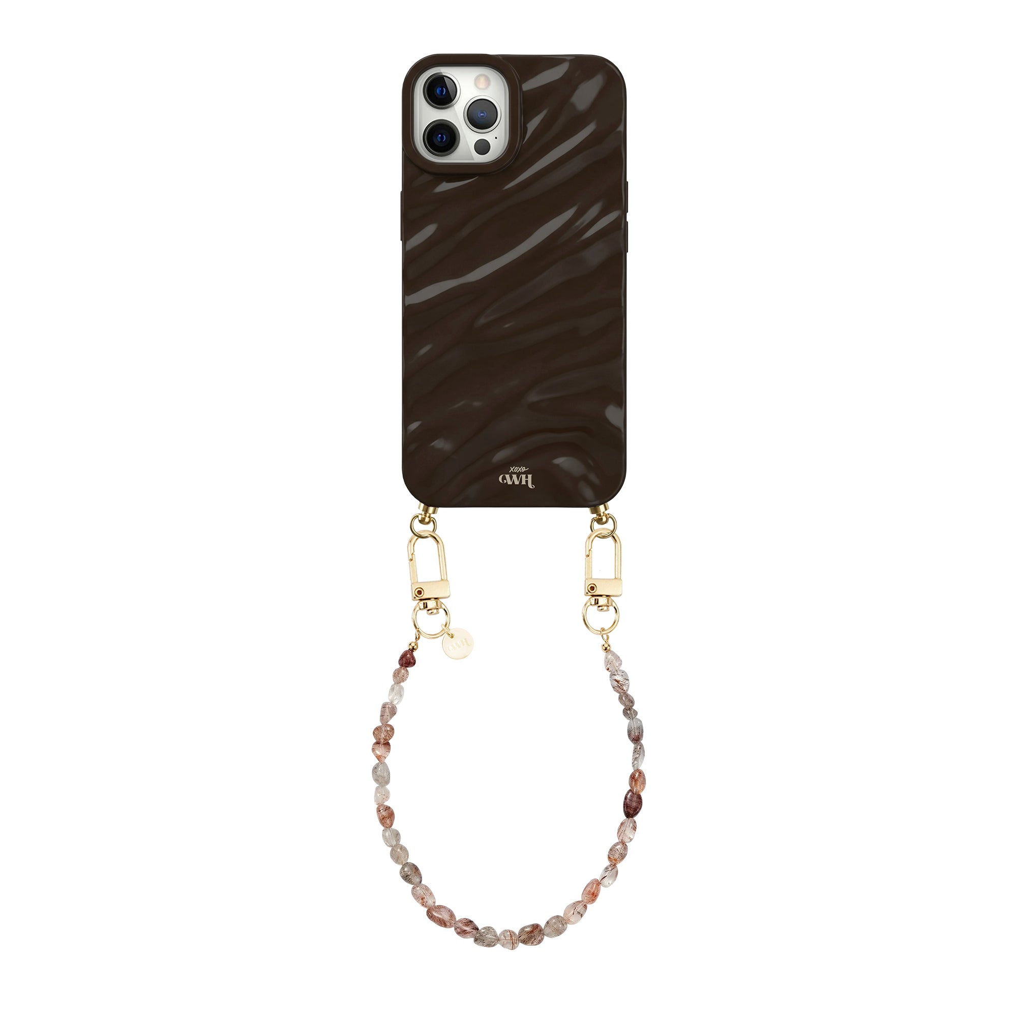 Brown Glaze iPhone 12 Pro Max case with a wavy texture and a short Soft Taupe beaded wrist cord.