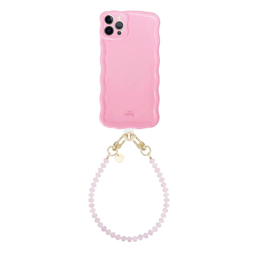 Glossy wavy iPhone 12 Pro case in bubble blush pink with a short dusty pink beaded cord.