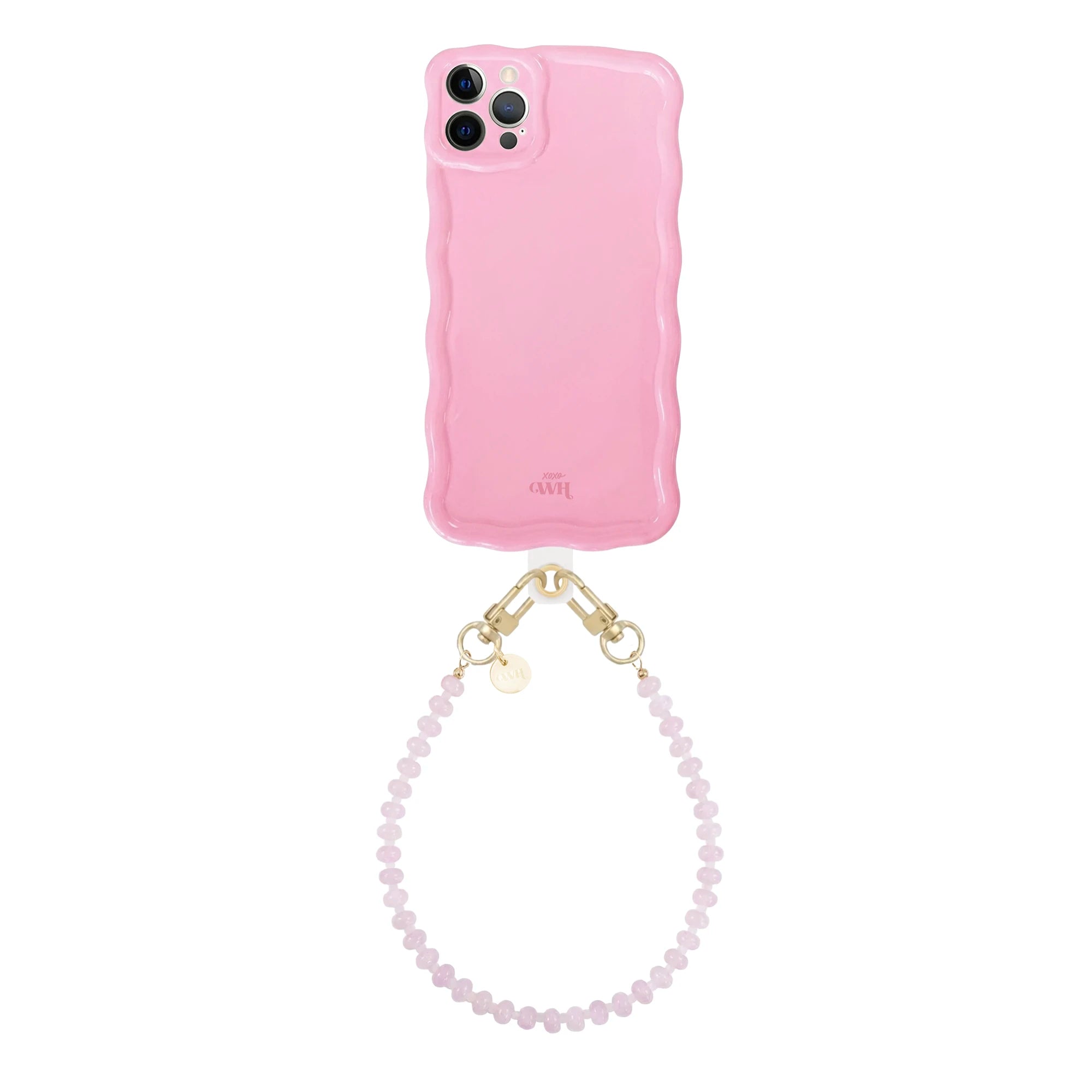 Glossy wavy iPhone 12 Pro case in bubble blush pink with a short dusty pink beaded cord.