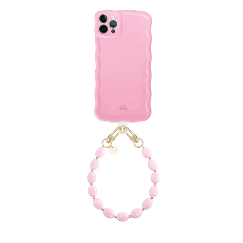 Glossy Wavy Case Bubble Blush voor iPhone 12 Pro met lichtroze golvend design en kort Ocean koord met roze kralen.