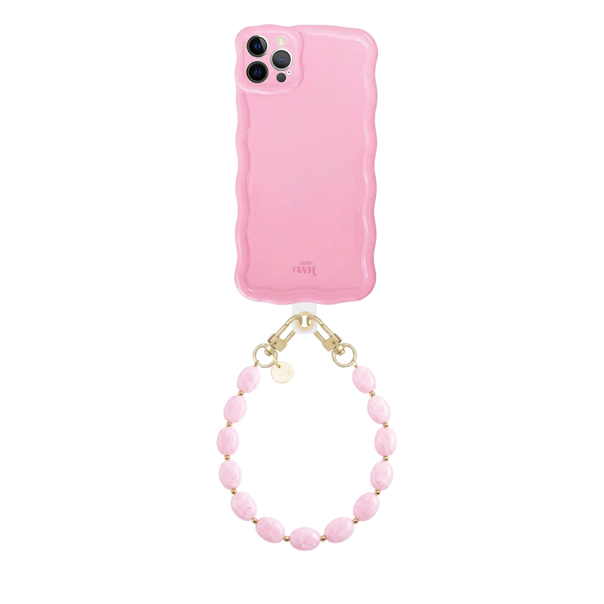 Glossy Wavy Case Bubble Blush voor iPhone 12 Pro met lichtroze golvend design en kort Ocean koord met roze kralen.