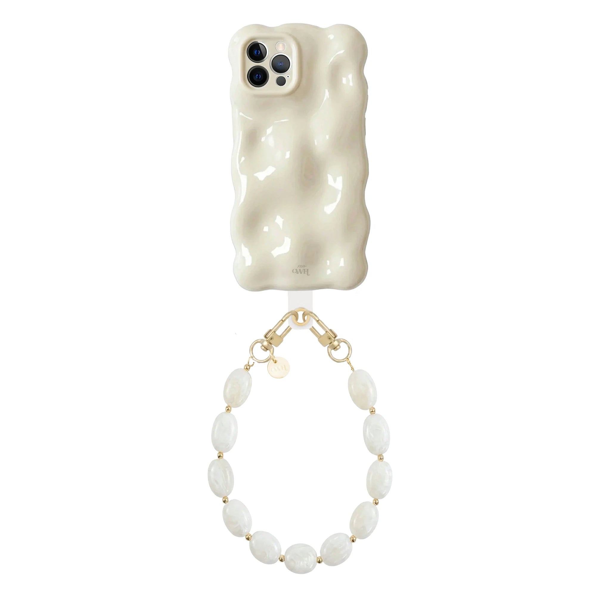 Bubbly Cloud Dancer iPhone 12 Pro case met golvende crèmekleurige textuur en korte Ocean Sand parelkoord.