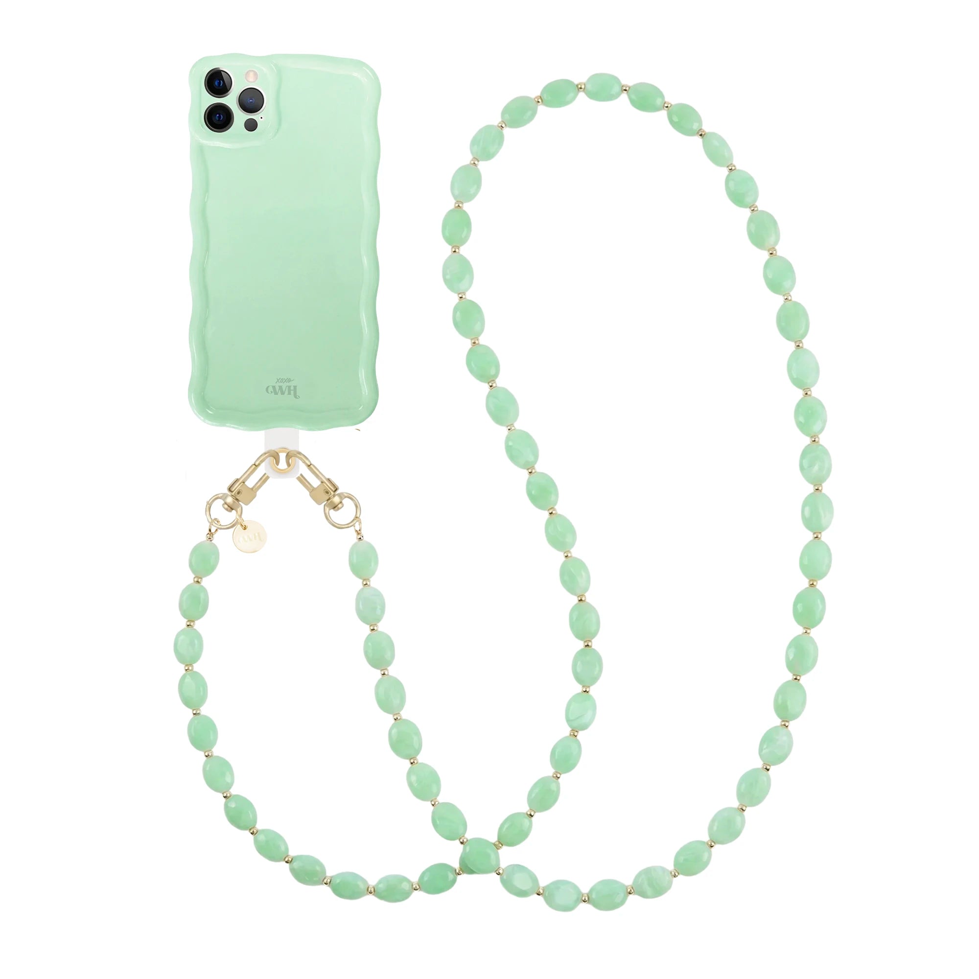 Glossy Wavy iPhone 12 Pro case in sage green with a long Ocean Mint beaded cord and gold hardware.