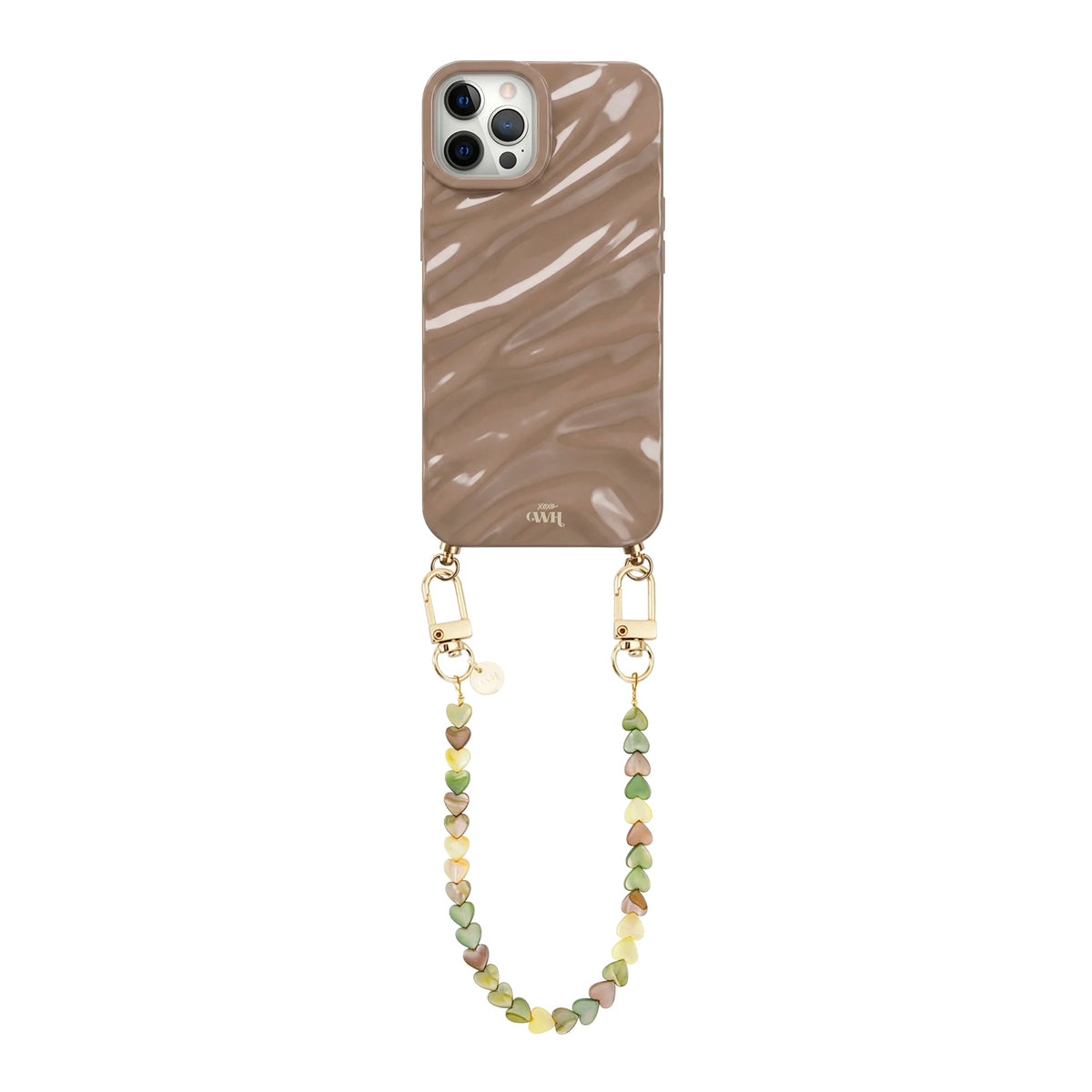 Taupe Glaze Cord Case - Shell Hearts Olives (short) - iPhone 12 Pro Max
