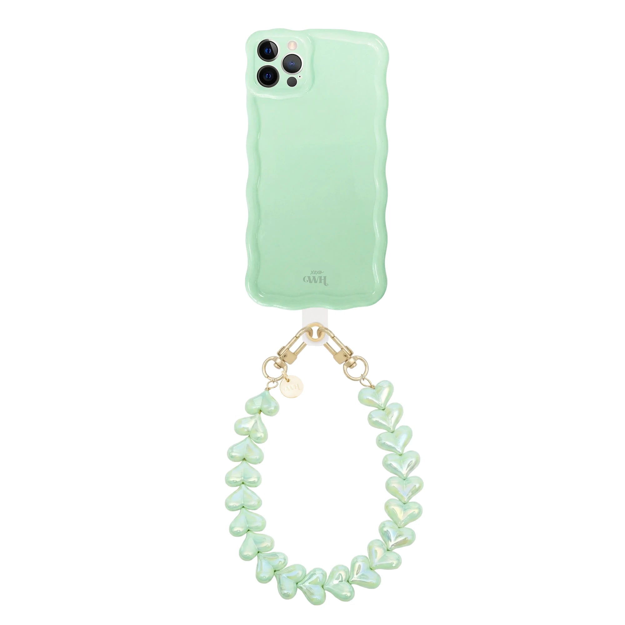 Glossy wavy sage green iPhone 12 Pro case with a detachable Funky Hearts cord.