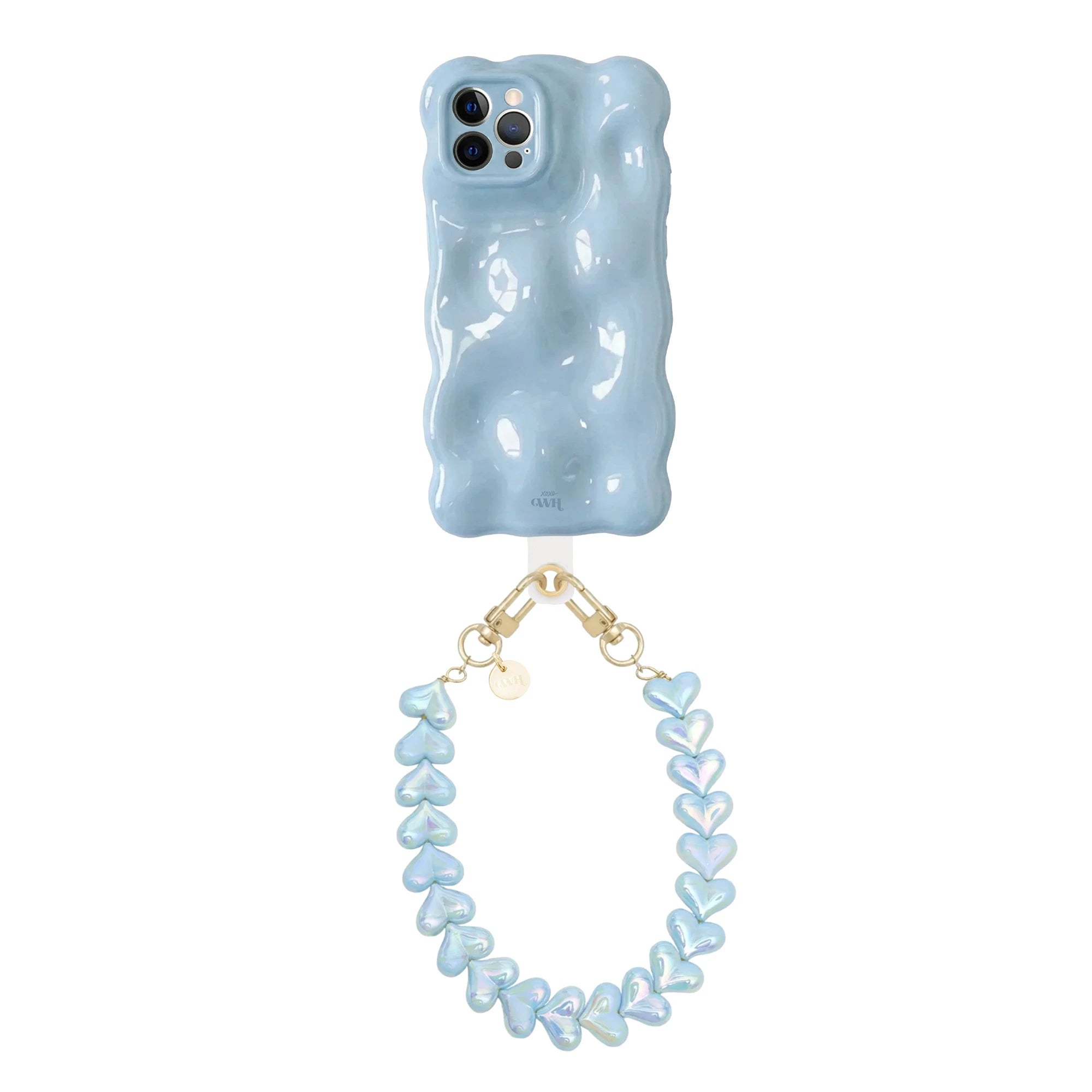 Lichtblauwe Bubbly iPhone 12 Pro case met golvende vorm en Funky Hearts koord met glanzende hartjes.