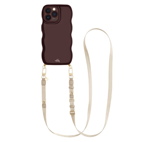 Glossy burgundy wavy iPhone 12 Pro case with a beige adjustable lanyard strap.