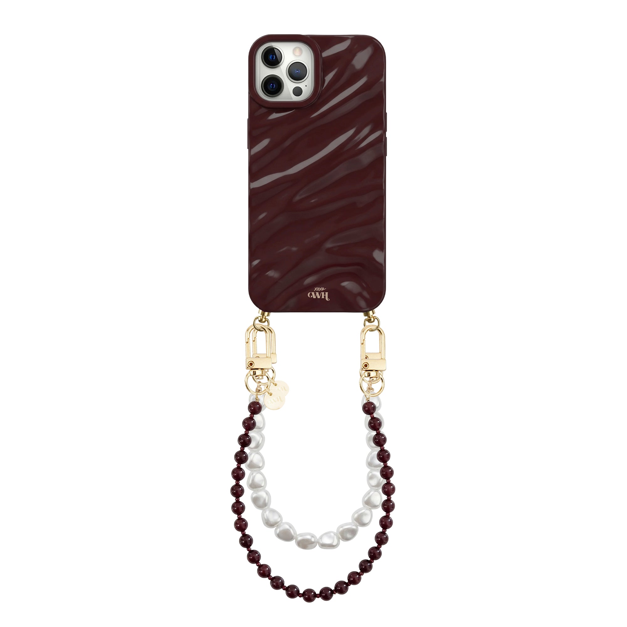 Burgundy Glaze Cord iPhone 12 Pro Max case with shiny wavy texture, gold hardware, and pearl wrist strap.