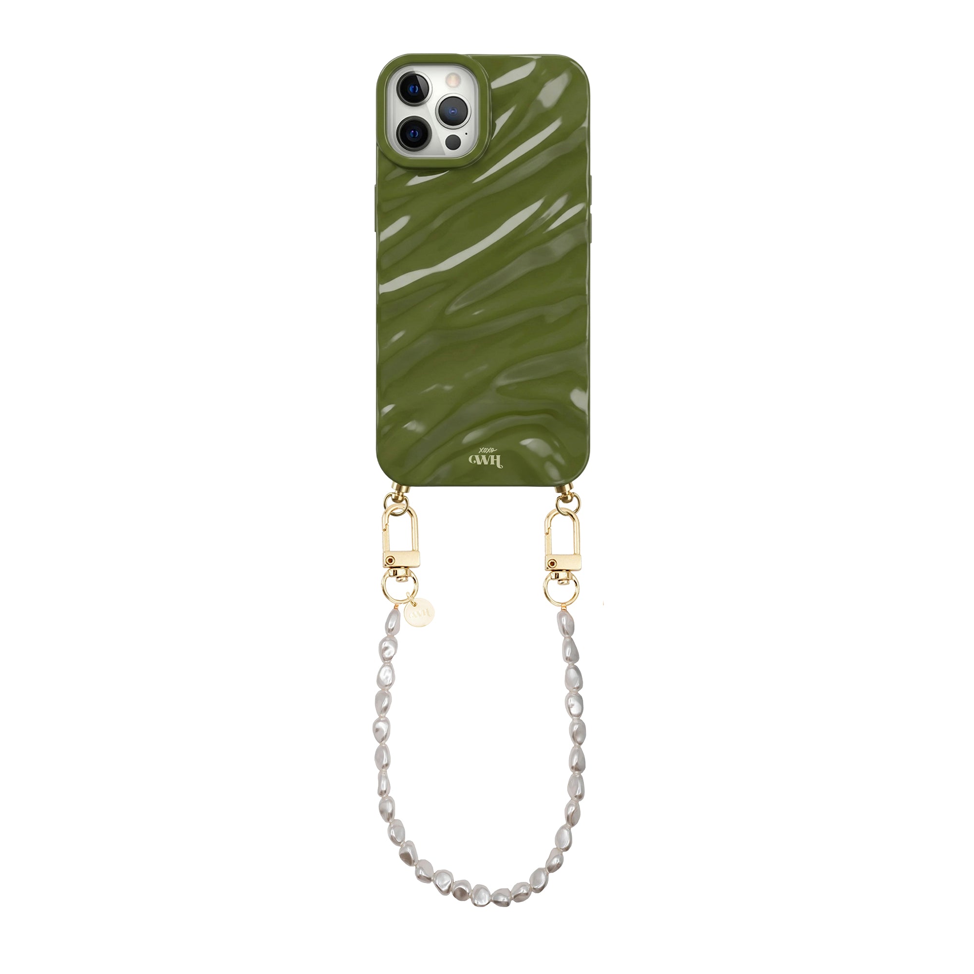 Glanzende diepgroene iPhone 12 Pro hoes met golvend patroon en kort parelkoord met gouden details.