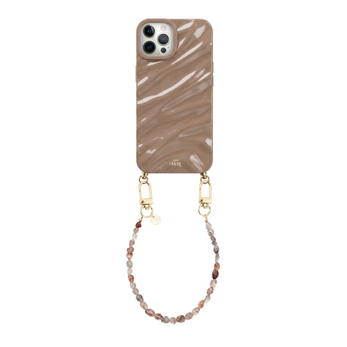 iPhone 12 Pro Taupe Glaze Cord Case met glanzend taupe hoesje en kort Soft Taupe kralenkoord.