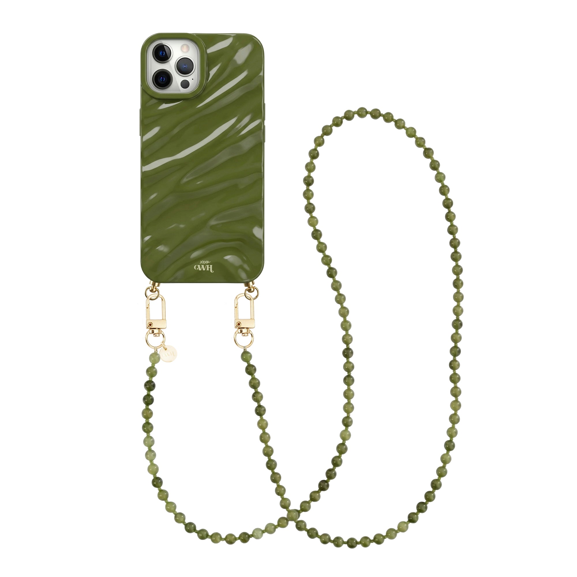Glanzend donkergroen iPhone 12 Pro hoesje met golvend patroon en bijpassend lang kralenkoord.