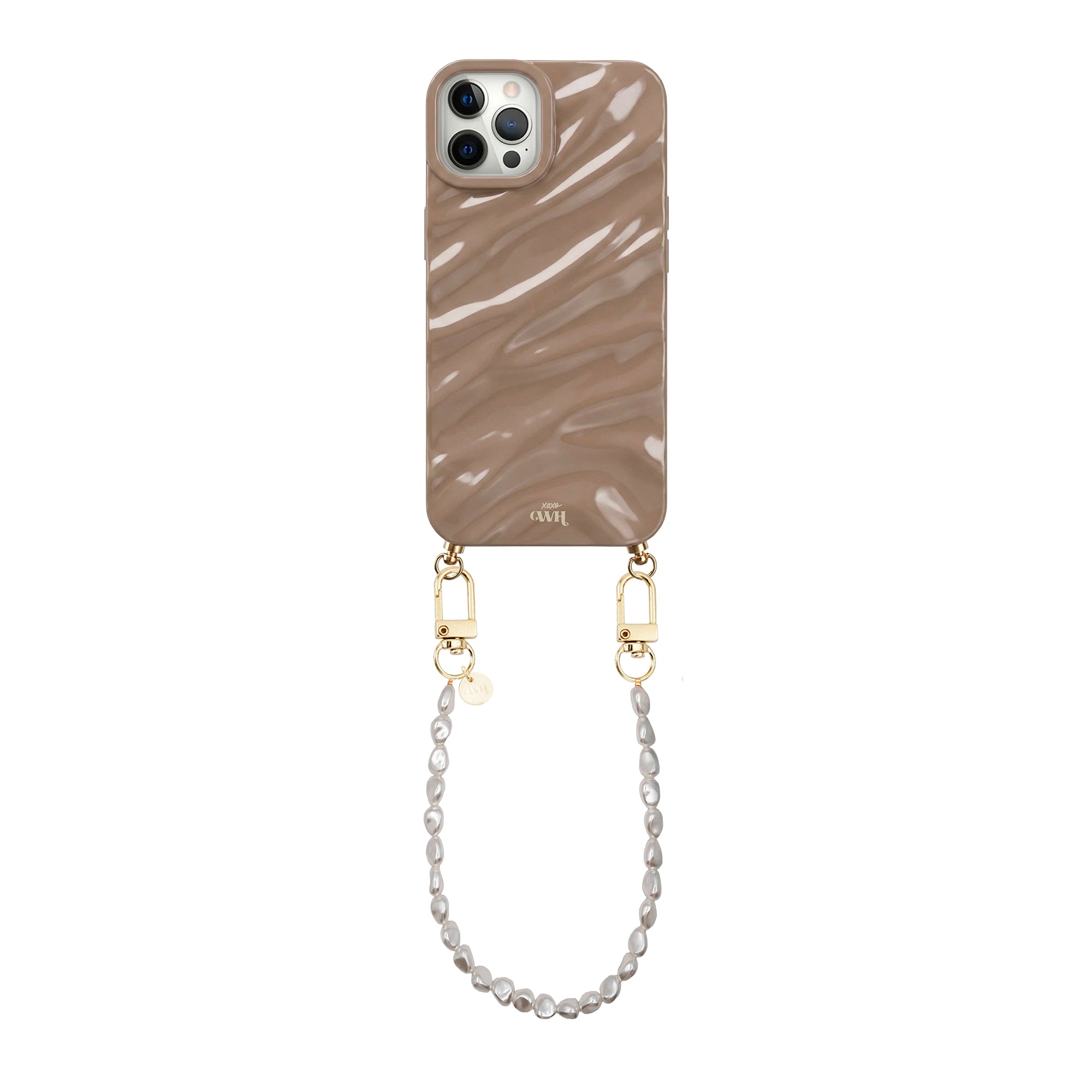 iPhone 12 Pro Taupe Glaze Cord Case met glanzende, golvende textuur en kort parelkoord.