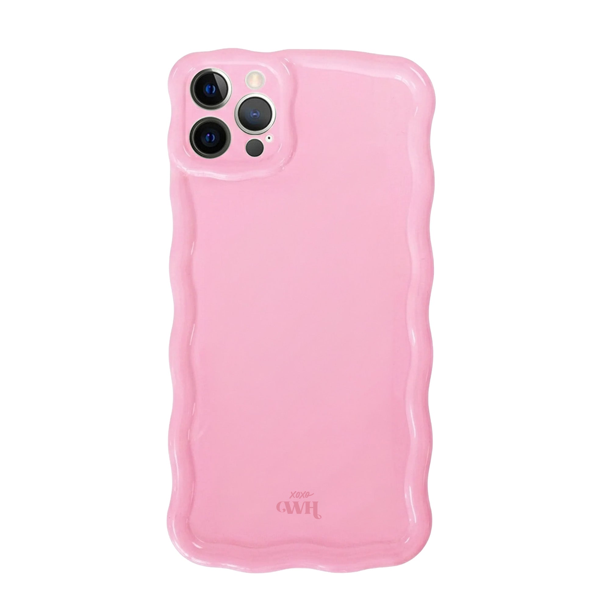 Glossy Wavy Case Bubble Blush voor iPhone 12 Pro met uniek golvend design en xoxo Wildhearts logo.