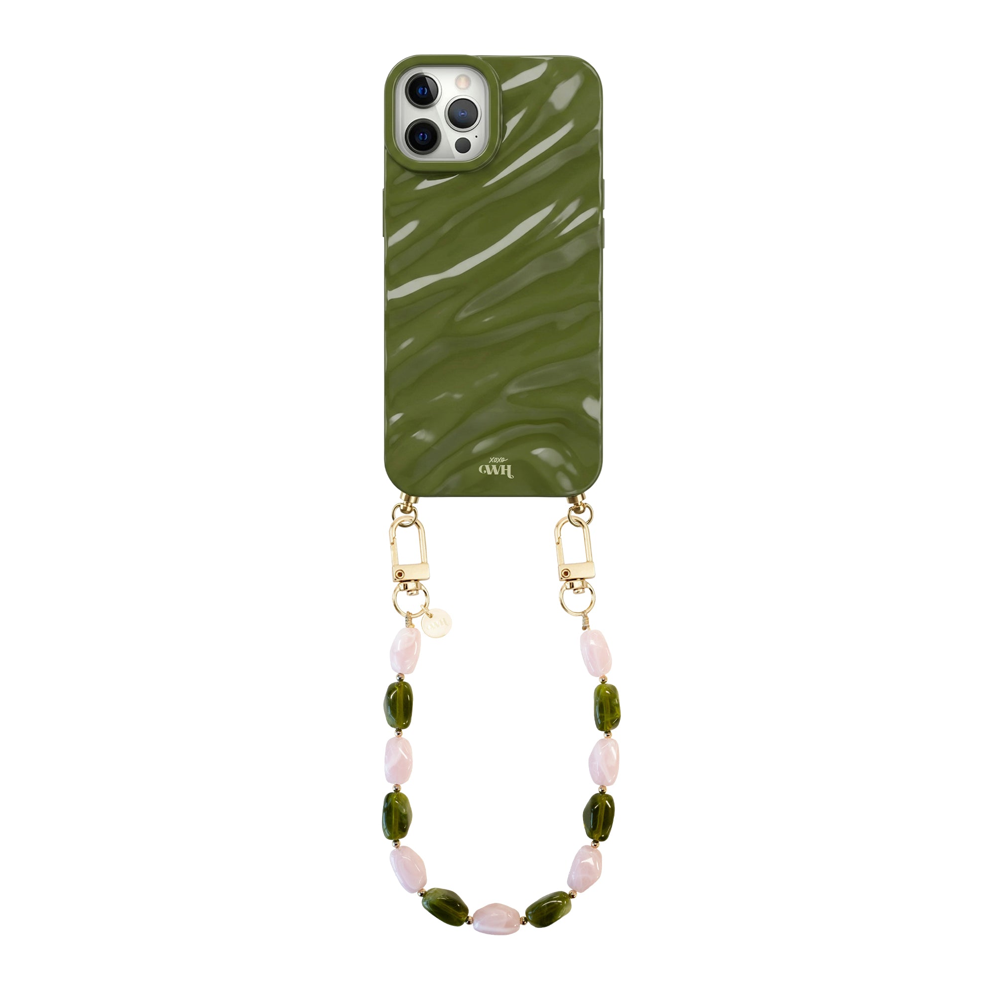 Glanzende donkergroene iPhone 12 Pro hoes met Rose Quartz en groene kralen koord.