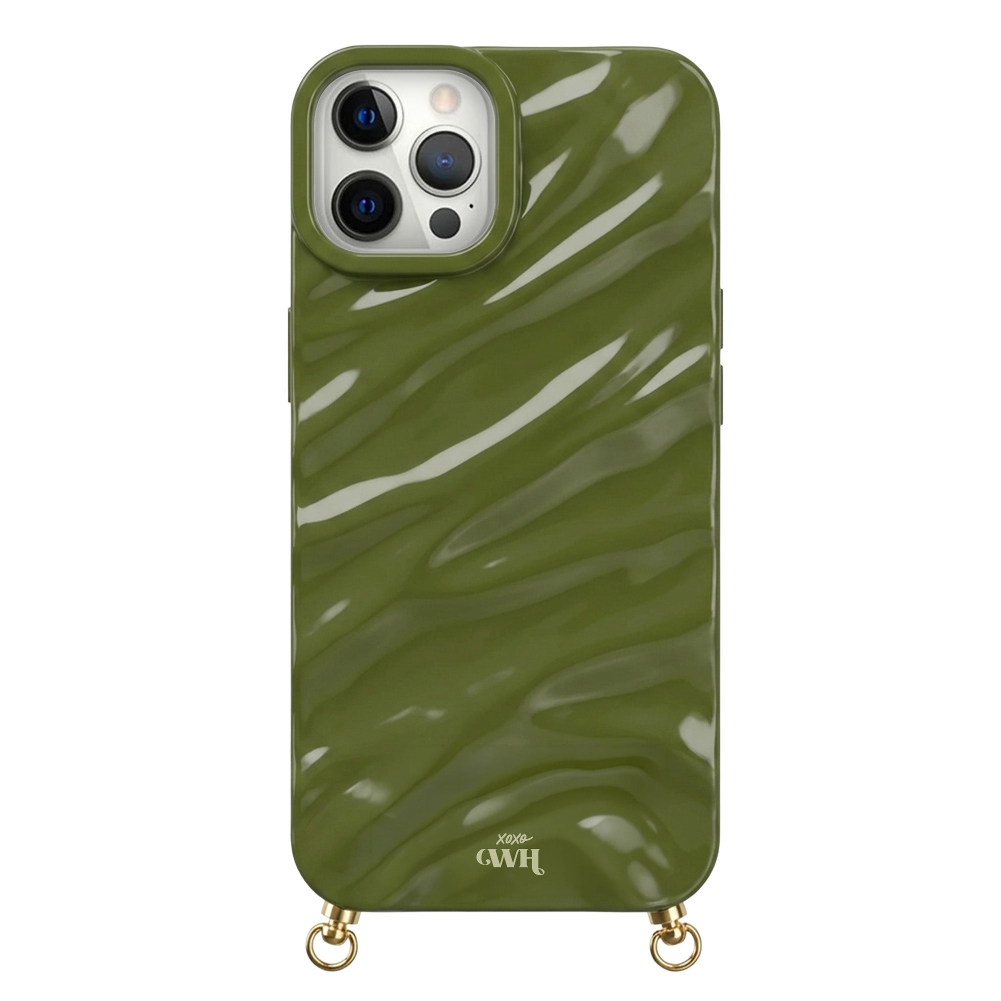 Green Glaze Cord Case for iPhone, featuring a glossy, wavy texture and gold hardware for a cord attachment.