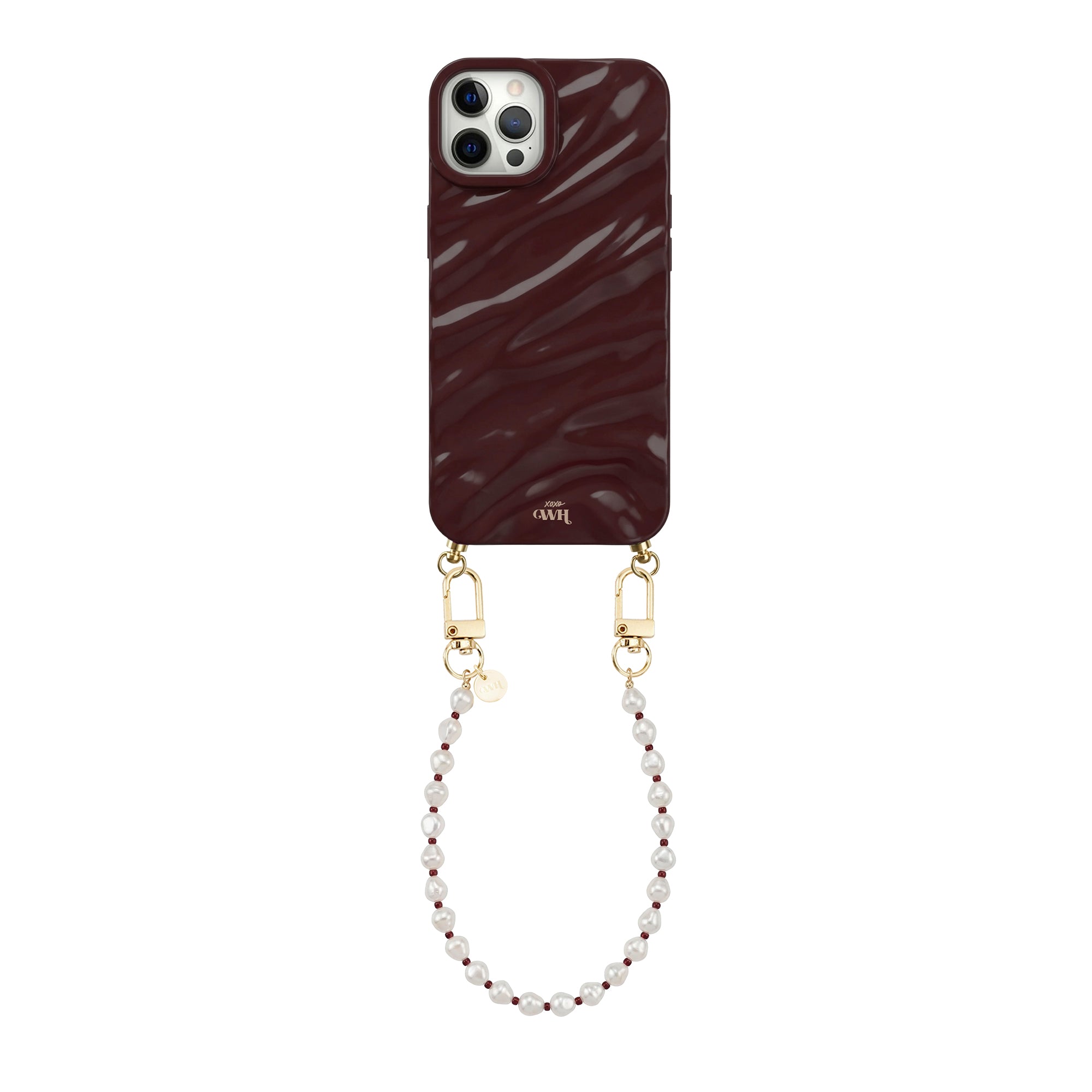 iPhone 12 Pro Max Glaze Cord Case in Burgundy Pearl with a short pearl wrist strap.