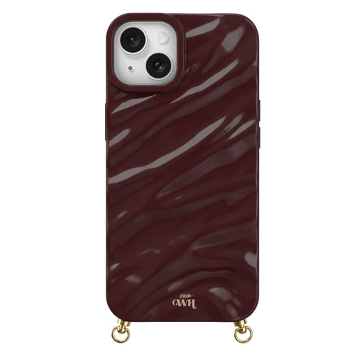 Burgundy Glaze Cord Case for iPhone with a glossy, wavy texture and gold hardware.