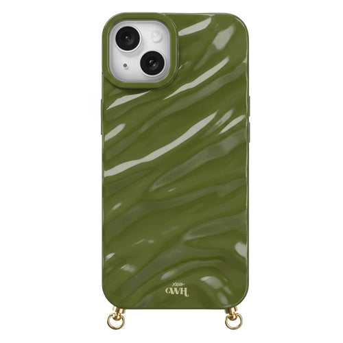 Glossy green Glaze Cord Case for iPhone with wavy texture and gold hardware.
