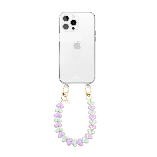 xoxo Wildhearts iPhone 14 Pro - Funky Hearts (Purple & Green Metallic) Transparant Cord Case