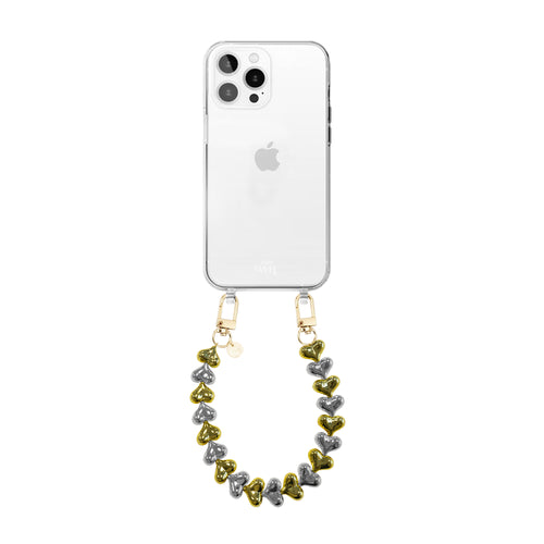 xoxo Wildhearts iPhone 16 Pro - Funky Hearts (Gold & Silver) Transparant Cord Case