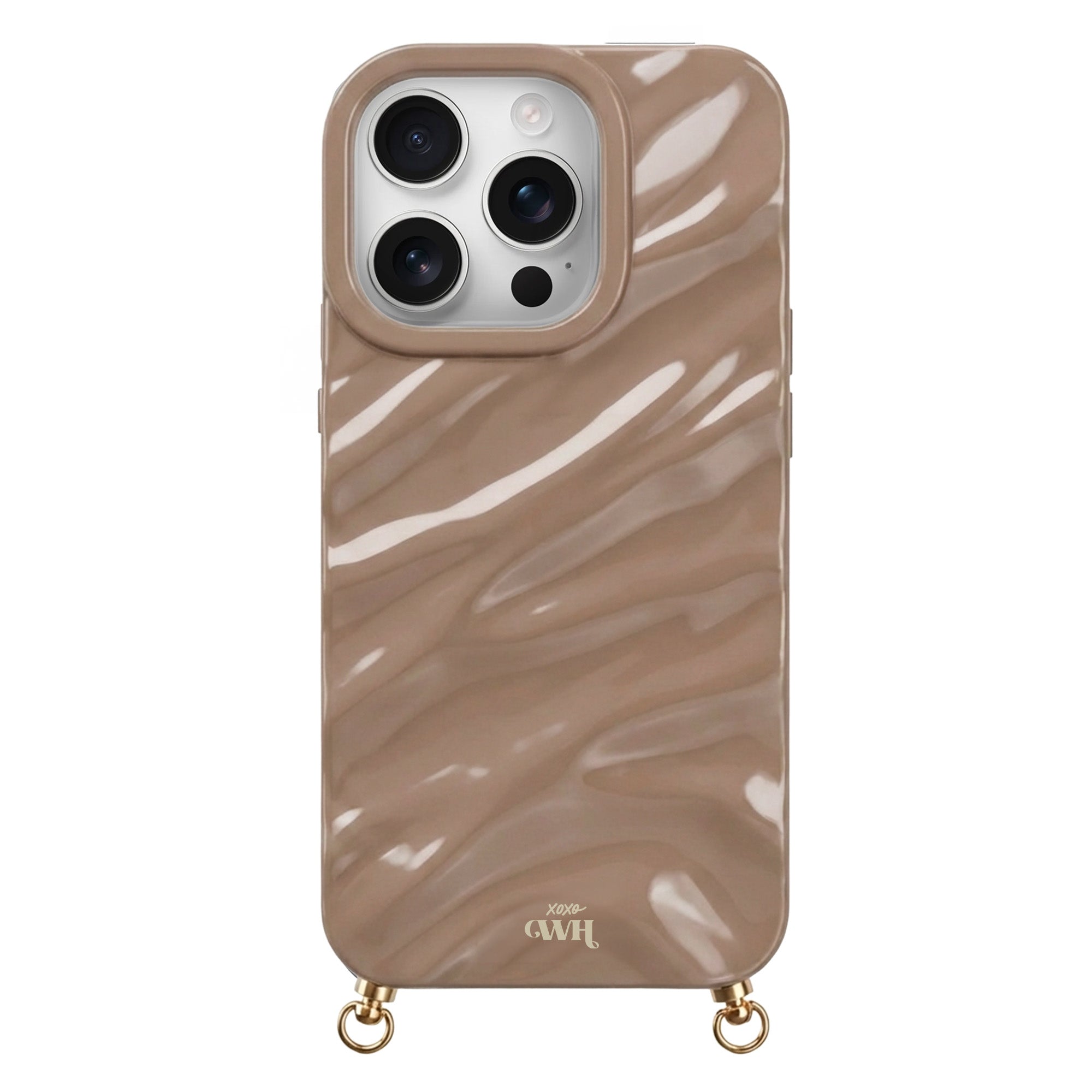 Taupe Glaze Cord Case for iPhone with wavy, glossy finish and gold hardware.