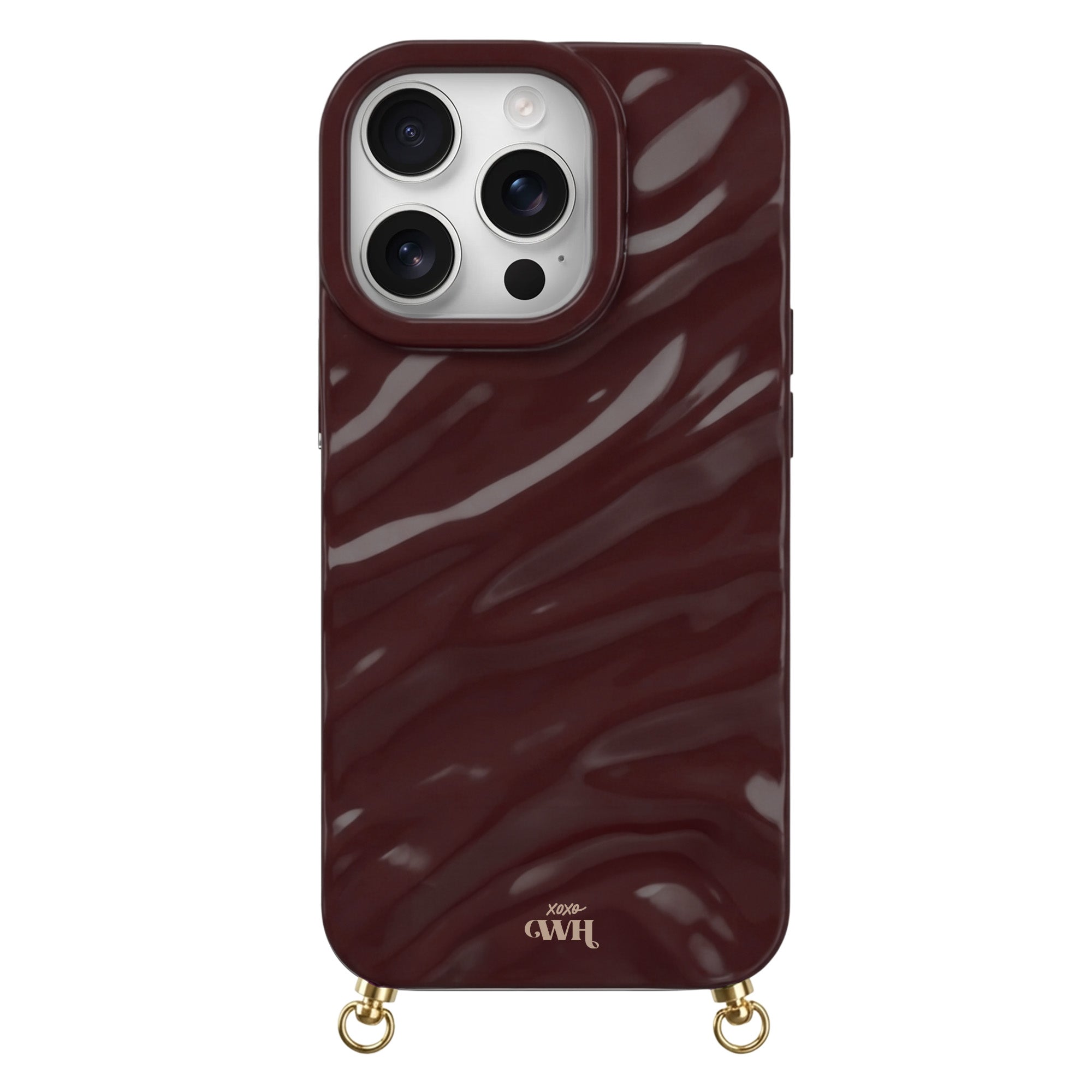 Burgundy Glaze Cord Case for iPhone with wavy texture and gold hardware.