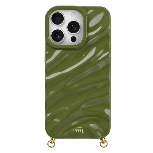 Green Glaze Cord Case for iPhone, featuring a glossy, wavy texture and gold hardware for a strap.
