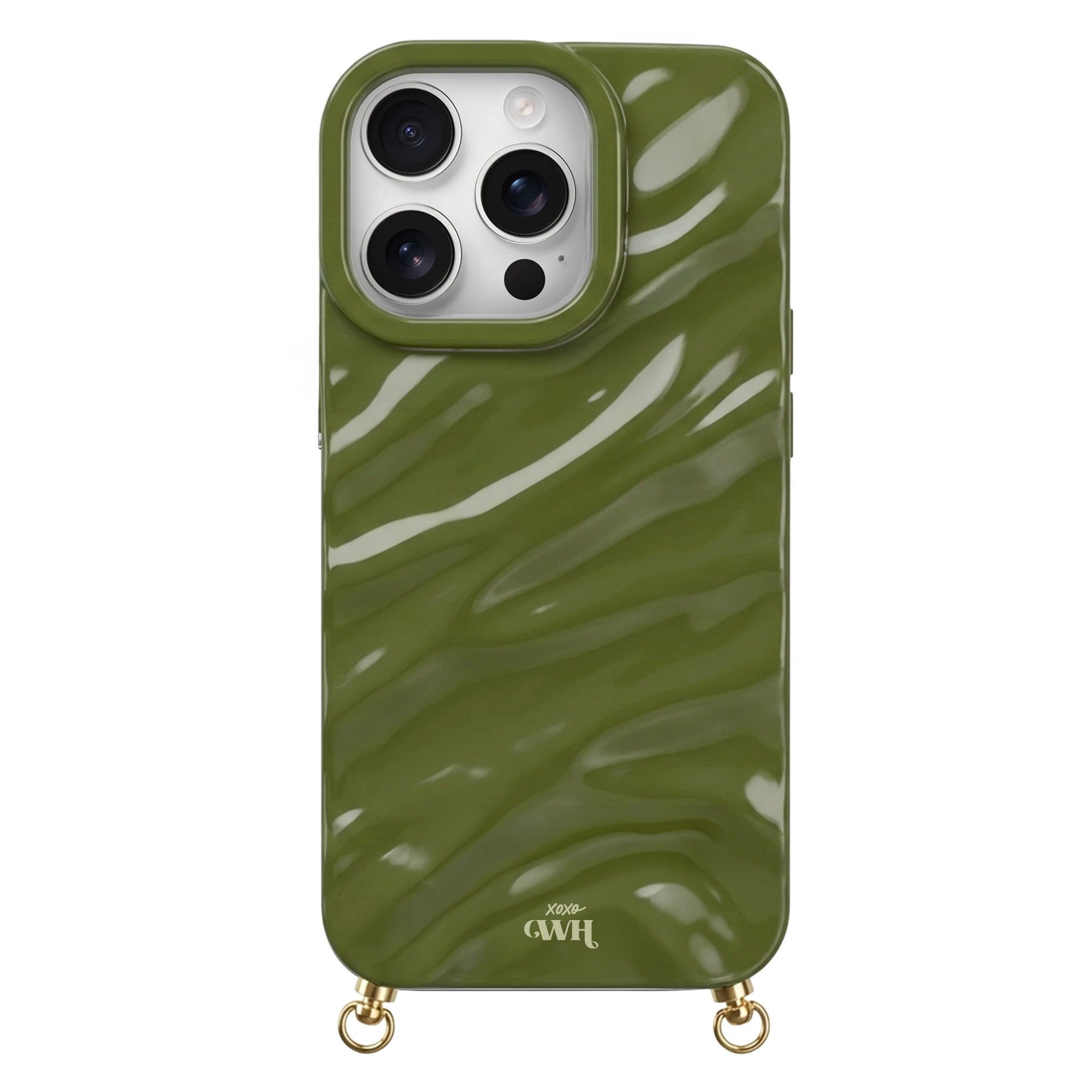 Green Glaze Cord Case for iPhone, featuring a glossy, wavy texture and gold hardware for a strap.