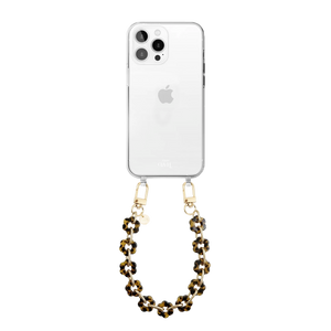 Transparant telefoonhoesje met kort luipaardprint bloemenkoord en gouden haken.