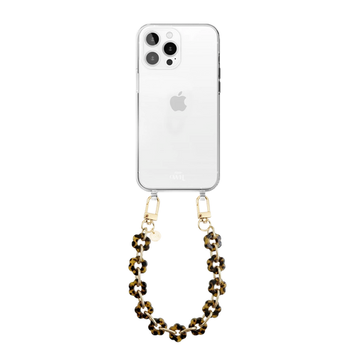Transparant telefoonhoesje met kort luipaardprint bloemenkoord en gouden haken.