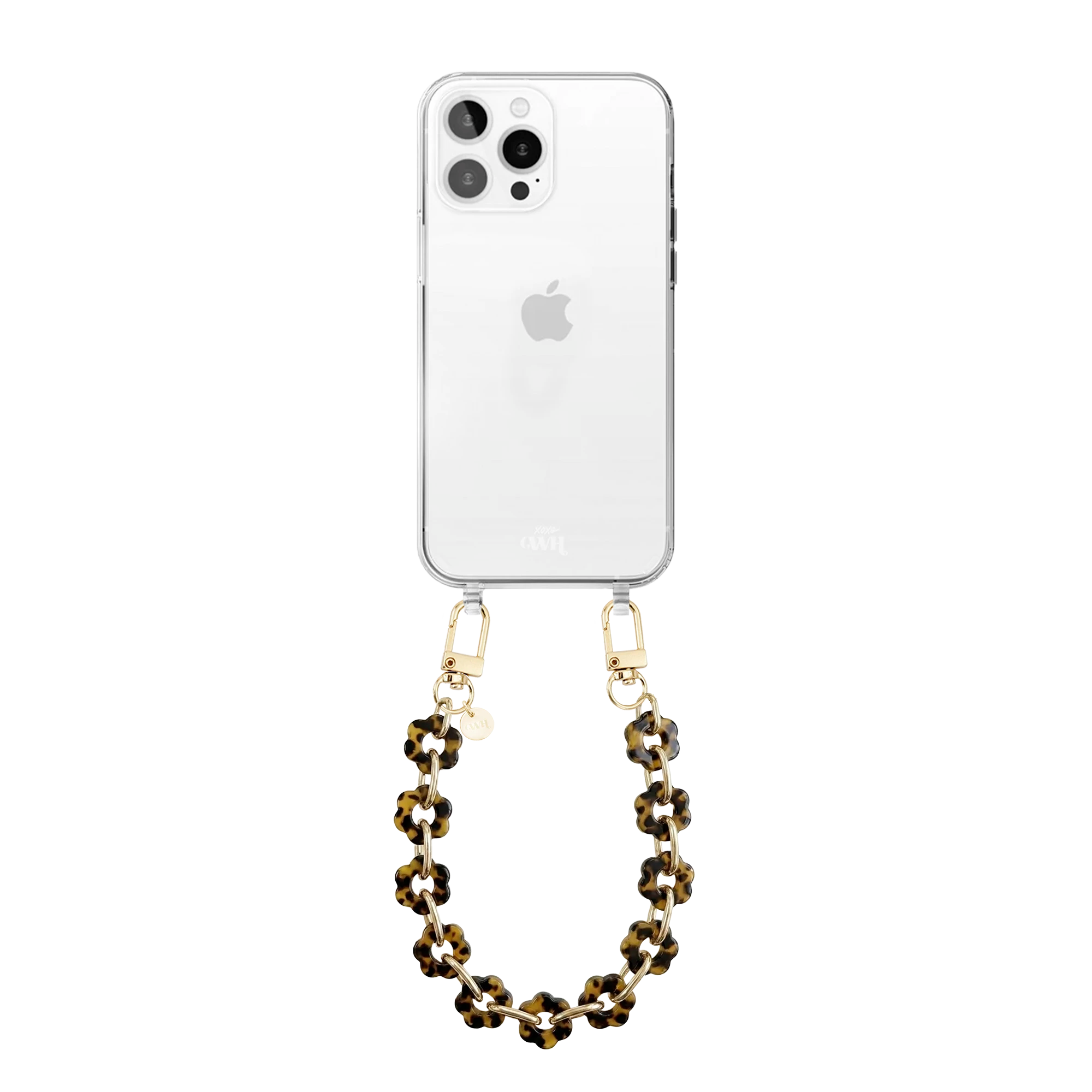 Transparant telefoonhoesje met kort luipaardprint bloemenkoord en gouden haken.