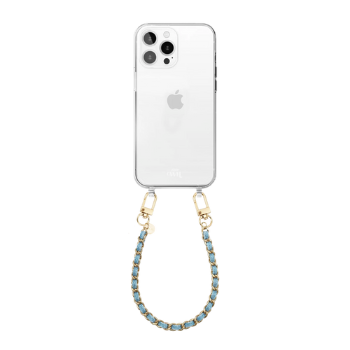 Transparant telefoonhoesje met korte, blauwe denim ketting en gouden details.