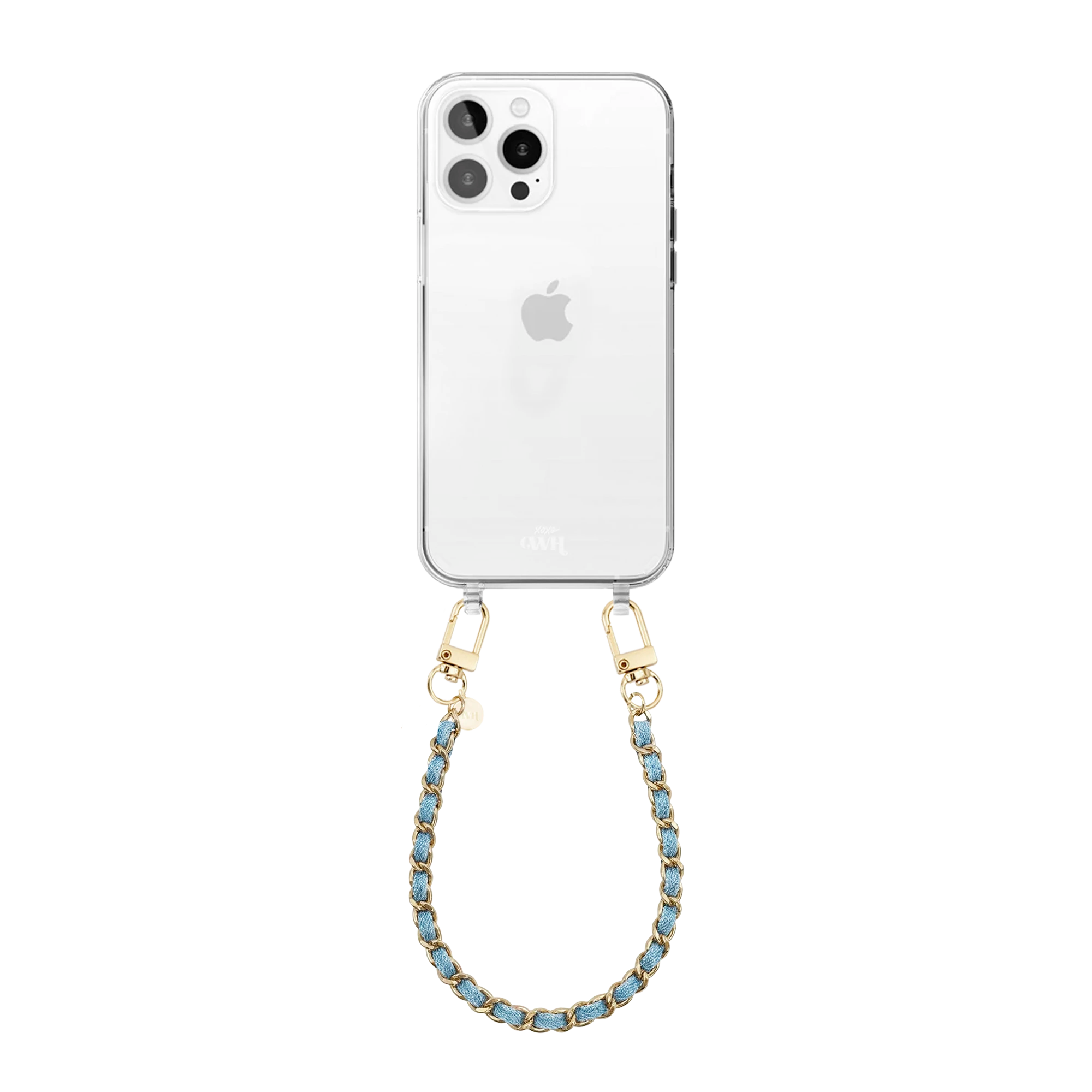 Transparant telefoonhoesje met korte, blauwe denim ketting en gouden details.