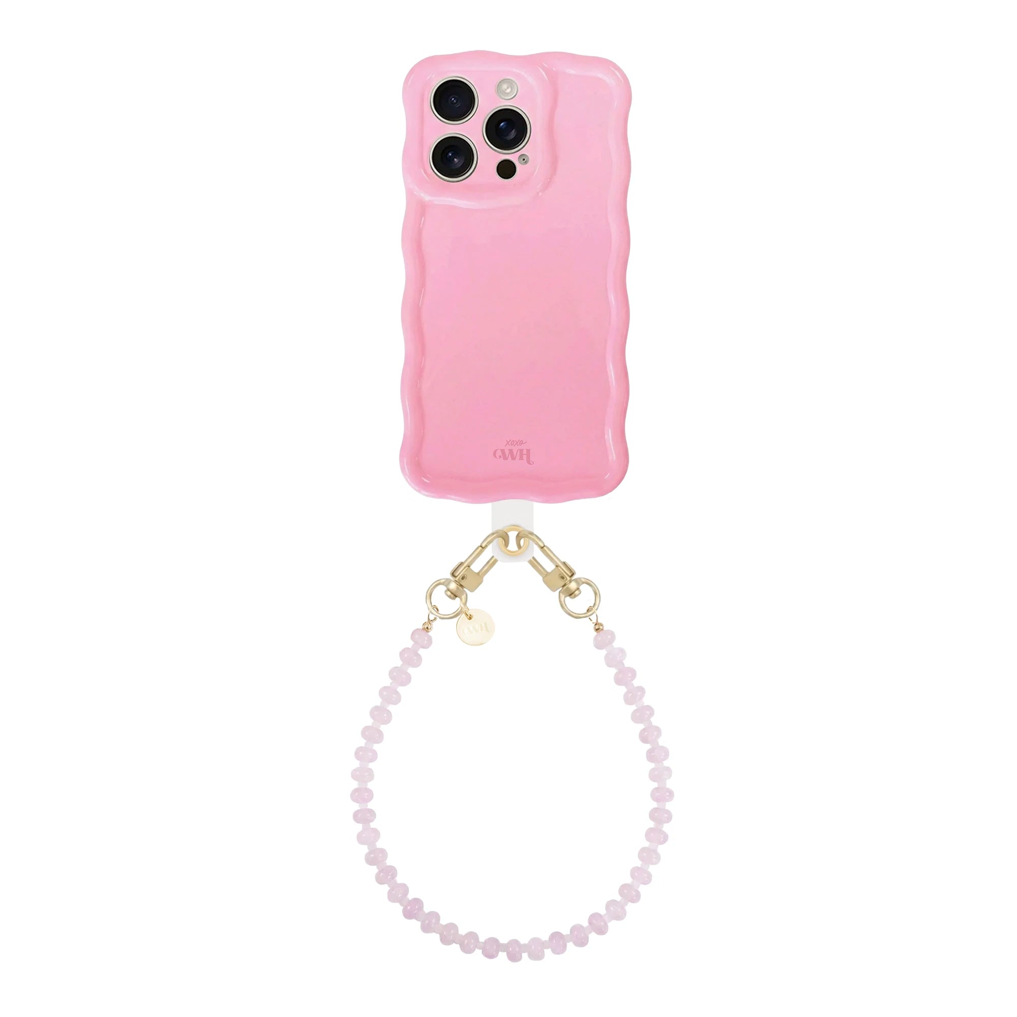Glossy wavy bubble blush iPhone 13 Pro case with a short dusty pink beaded wrist cord.