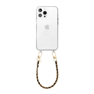 Transparant telefoonhoesje met korte Classic Chain Leopard schakelketting en gouden haken.