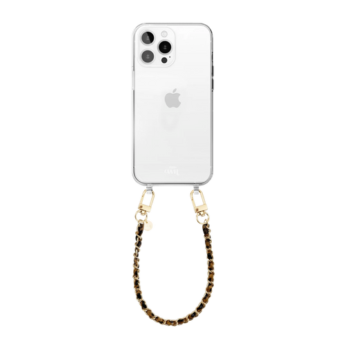 Transparant telefoonhoesje met korte Classic Chain Leopard schakelketting en gouden haken.