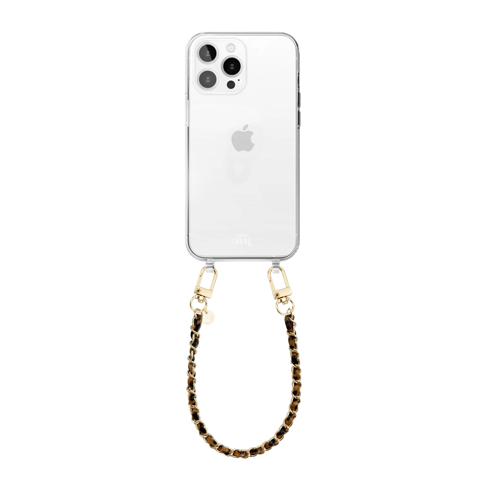 Transparant telefoonhoesje met korte Classic Chain Leopard schakelketting en gouden haken.