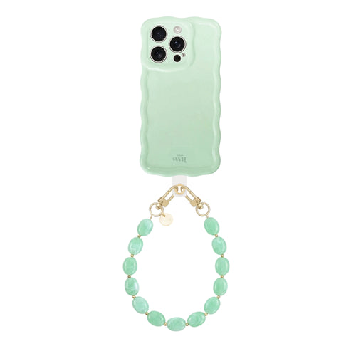 Glossy wavy sage green iPhone 16 Pro Max case with an ocean mint beaded short cord.