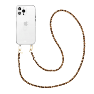 iPhone 13 Pro transparant hoesje met lange Classic Chain Leopard koord en gouden details.