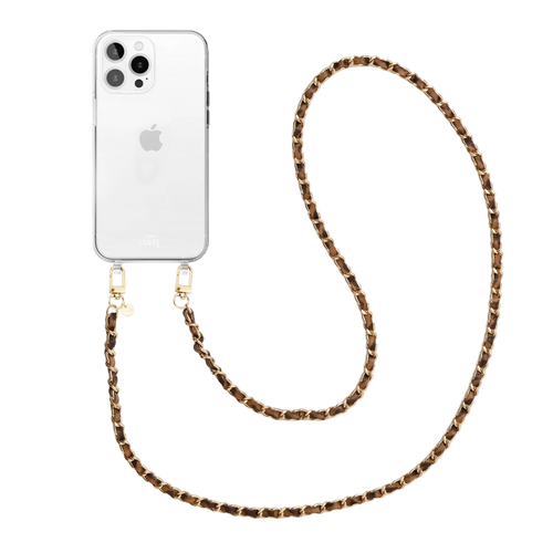 iPhone 13 Pro transparant hoesje met lange Classic Chain Leopard koord en gouden details.