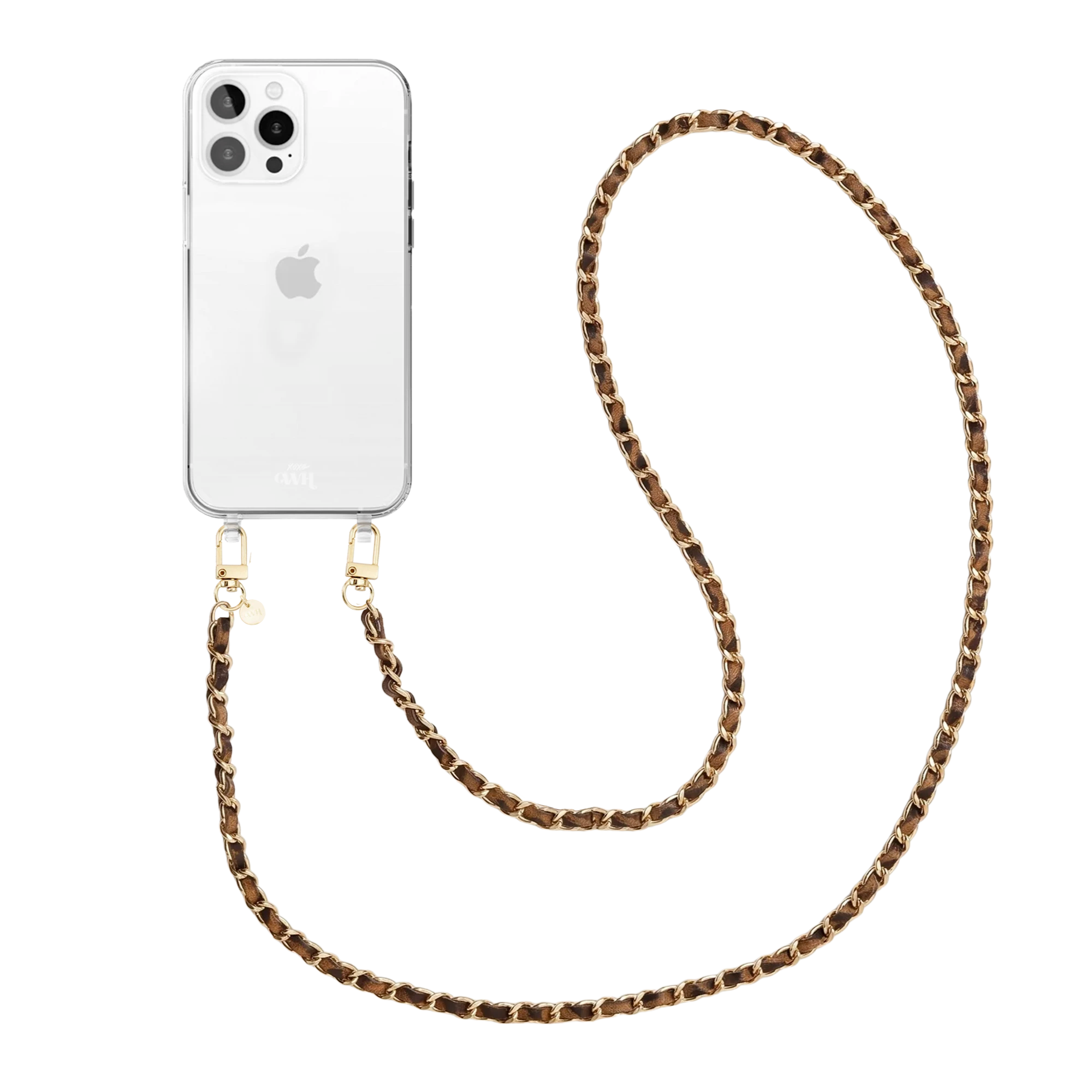 iPhone 13 Pro transparant hoesje met lange Classic Chain Leopard koord en gouden details.